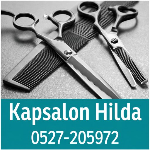 Logo van Kapsalon Hilda: kappersscharen en een kam, met het telefoonnummer 0527-205972